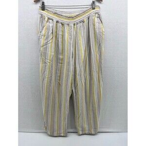 Land n' Sea Women's 3X Linen Crop Pants Striped‎ Tan/Yellow Lagenlook